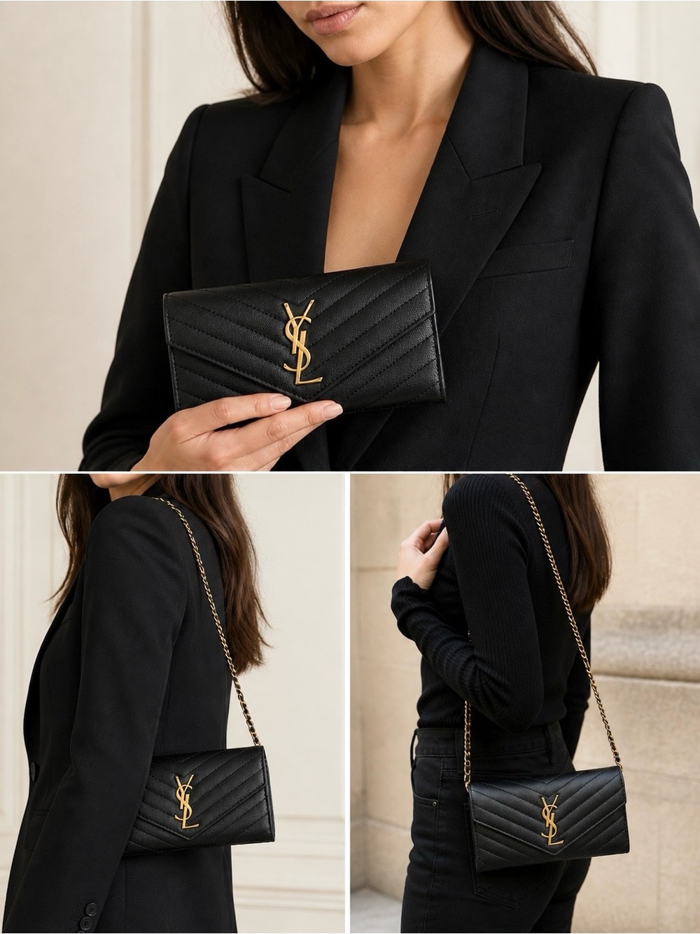 Saint Laurent Black Chevron Leather Wallet with Gold YSL Emblem Crossbody